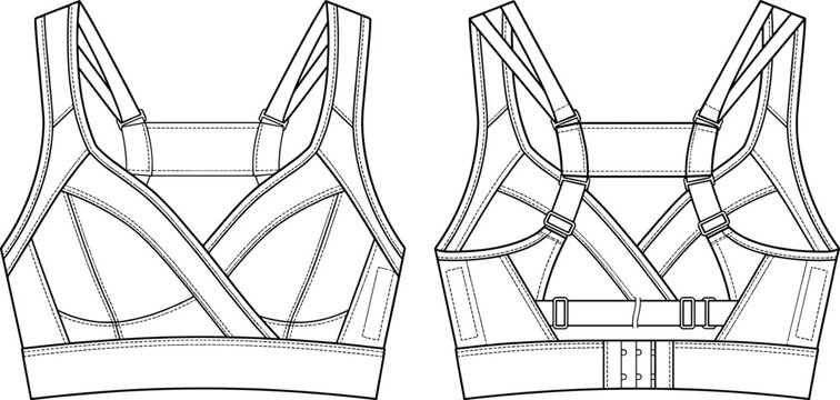 Technical flat sketch of sports bra with structured panels, double straps, adjustable back closure, and detailed seam construction illustration