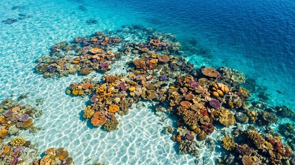 Obraz premium Aerial View of Vibrant Tropical Coral Reef in Shallow Clear Turquoise Ocean Water