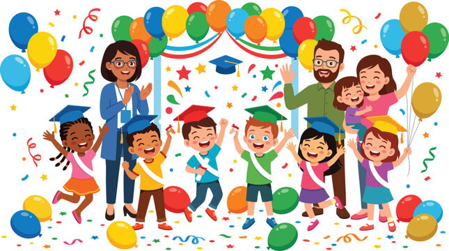 Preschool graduation celebration with family and teacher