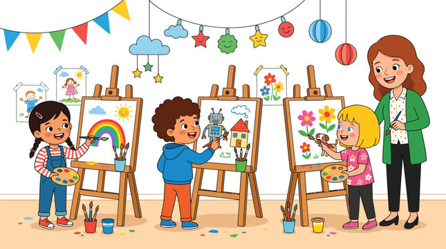 Children's art class with teacher painting creativity and learning