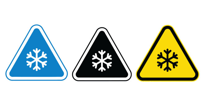 Set of three distinct triangular warning signs, each featuring a prominent snowflake icon to signify cold temperatures, freezing conditions, or icy hazards