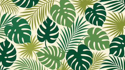 Fototapeta premium A clean flat vector illustration of a seamless tropical leaf pattern featuring lush monstera and palm fronds ideal for textile design, summer packaging, home decor, and botanical lifestyle branding on