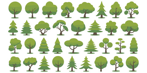 Set of various green trees, different shapes and sizes, deciduous and coniferous, isolated on white © MdOmar