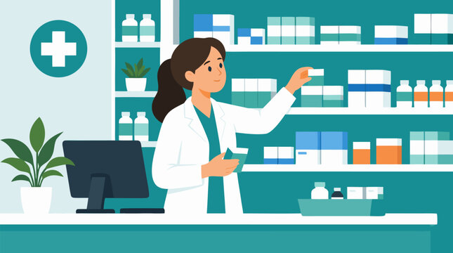 A clean flat vector illustration of a helpful woman pharmacist checking medicine boxes on tidy shelves behind a pharmacy counter in a clean teal and white color palette, perfect for healthcare and pha