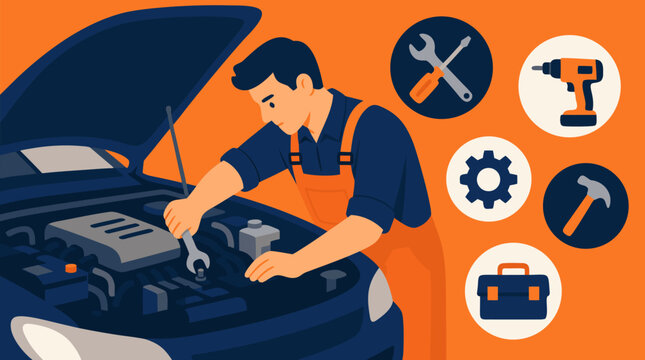 Clean flat vector illustration on a light background showing a mechanic using a wrench on a car engine with tool symbols, ideal for auto repair service advertising.