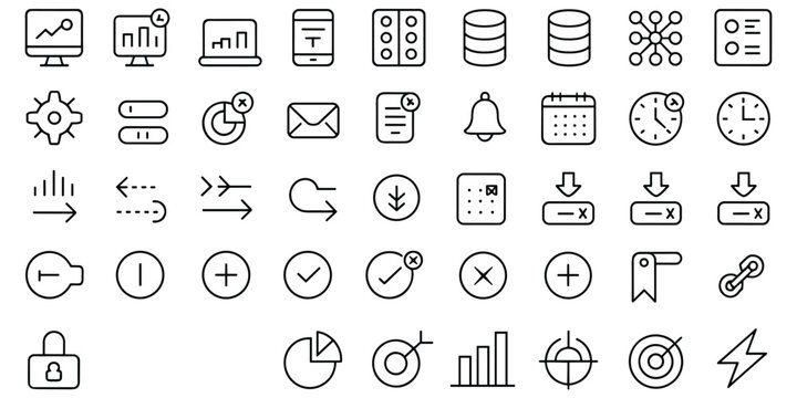 Business management and analytics thin line icons set for web dashboards and project reports files