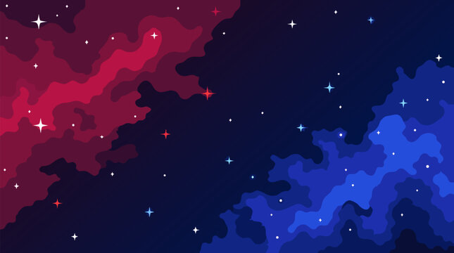 Flat vector illustration of a shimmering starfield background with subtle red and blue nebula color washes evoking deep space wonder, ideal for astronomy science fiction and cosmic themed designs