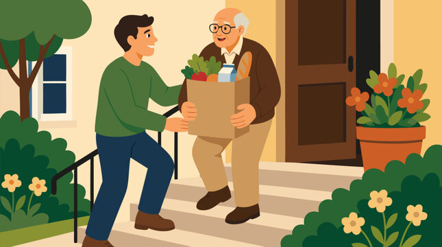 A kind man helping his elderly neighbor carry heavy grocery bags up outdoor steps in warm inviting tones, ideal for community, kindness, and social support themes, clean flat vector illustration on a 