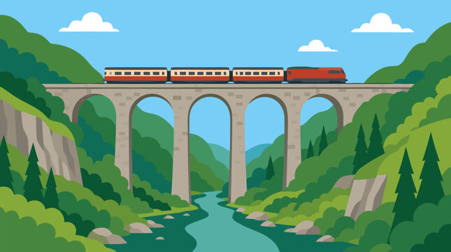 A classic train crossing a grand tall stone viaduct spanning a lush green river valley, ideal for travel, infrastructure, and historic engineering themes, clean flat vector illustration on a light bac