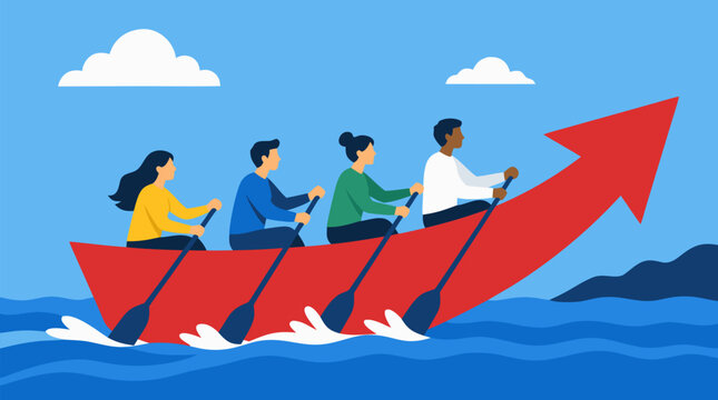 A motivated team rowing a small boat shaped like an upward trending arrow across calm waters, ideal for business growth, teamwork, and progress metaphor themes, clean flat vector illustration on a lig