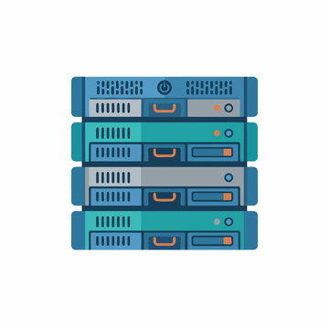 Stack of modern data servers with indicator lights and power button