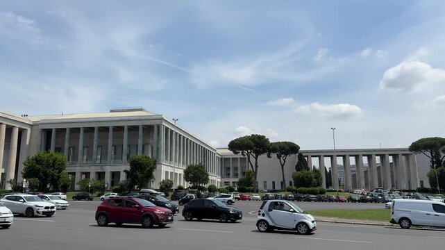 Historic Marconi Obelisk Standing in the Modern Square of EUR District Rome