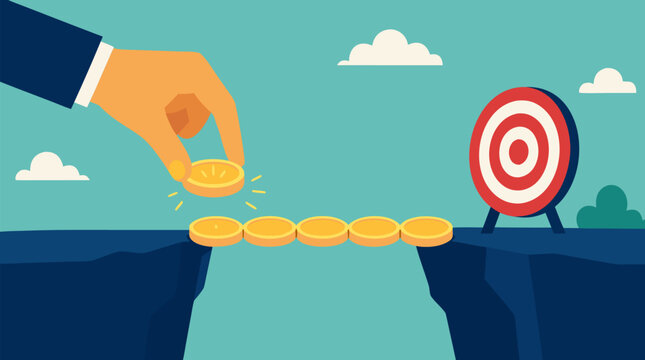A motivational flat vector illustration of a hand stacking glowing coins into a bridge spanning a gap toward a target, ideal for finance, investment, and business goal achievement commercial use