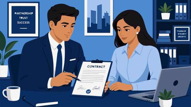 A businessman and businesswoman reviewing a contract across a desk in a calm blue palette flat vector illustration, great for corporate presentations, HR materials, legal service branding, and profess