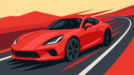 Naklejka premium Compact red sports car shown in three-quarter view at a dynamic angle with a glossy red palette conveying speed and energy, a clean flat vector illustration perfect for automotive and transportation c