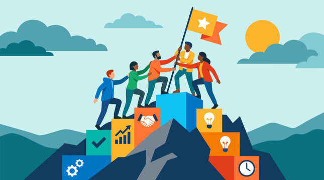Team raising a flag atop a mountain of completed project milestones together symbolizing shared success, a clean flat vector illustration on a light background suited for business teamwork and achieve