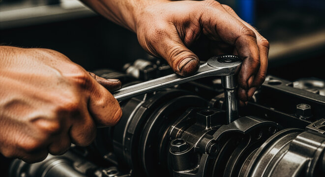Industrial engine repair by mechanic using socket wrench, close-up hands