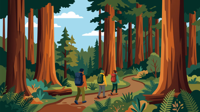 Two backpackers walk a forest trail beneath towering ancient redwood trees, a clean flat vector illustration ideal for outdoor adventure travel and nature tourism promotional materials