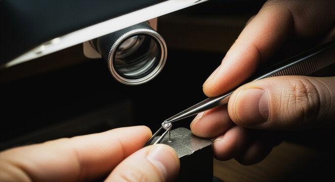 Diamond inspection under microscope by jeweler with precision tweezers