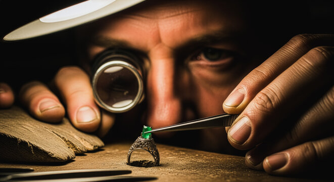 Emerald ring inspection by jeweler with magnifying loupe and tweezers
