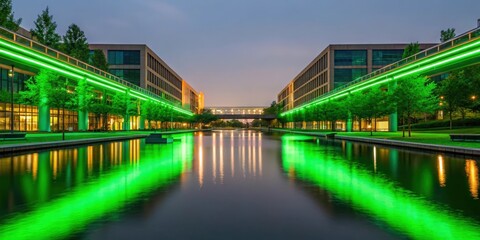 Naklejka premium Modern office buildings illuminated with green lights reflecting in a water canal.