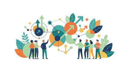 Fototapeta premium Diverse group collaborates on a colorful abstract data visualization with upward trends