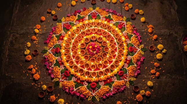 Vibrant rangoli adorned with dozens of glowing clay diyas and colorful flower petals, creating a beautiful traditional festive display