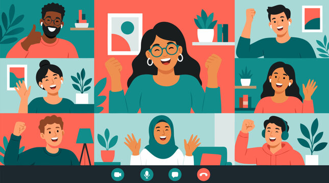 A diverse remote team celebrating a project win on a joyful group video call with a warm coral and teal palette in a modern flat vector illustration, great for collaboration and teamwork commercial us