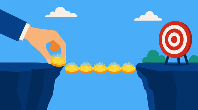 A hand carefully stacking glowing coins into a bridge spanning a gap toward a target in a clean flat vector illustration ideal for finance and investment concepts