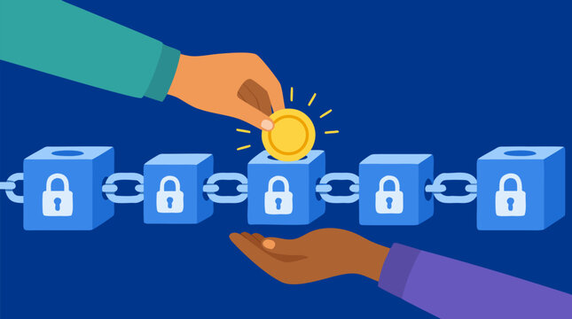 Hands passing a glowing coin along a secure chain of linked digital blocks in a clean flat vector illustration suitable for blockchain and fintech projects