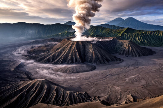 Majestic Steam Rises from the Rugged Crater of Mount Bromo Volcano at Sunrise