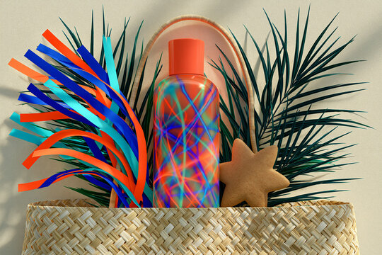 Colorful Summer Cosmetic Bottle with Tropical Leaves and Starfish