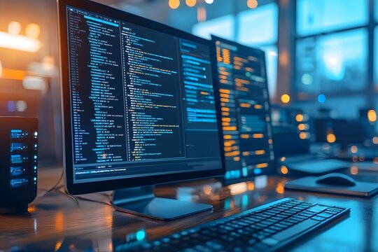 Modern coding workspace with dual monitors and colorful neon lighting image