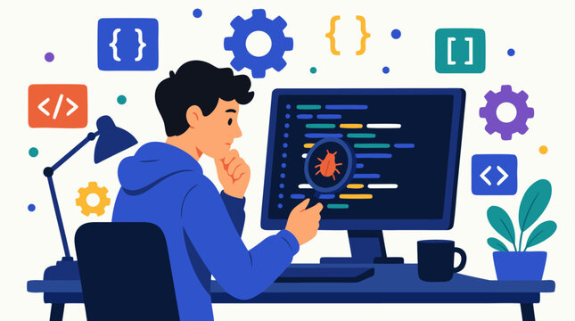 Clean flat vector illustration on a light background shows a programmer inspecting bugged code on a desktop monitor, ideal for software testing and developer training.