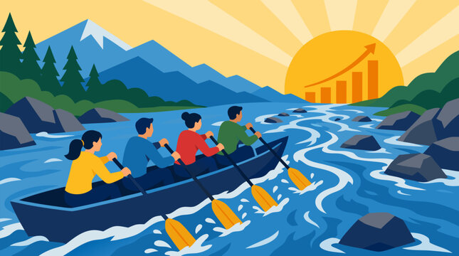 A team rowing a boat upstream against a current toward a rising profit sunrise in a clean flat vector illustration perfect for business determination and growth concepts