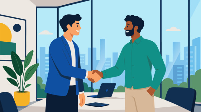 Two founders shaking hands sealing a partnership in a bright glass-walled meeting room in a clean flat vector illustration ideal for business and startup branding content