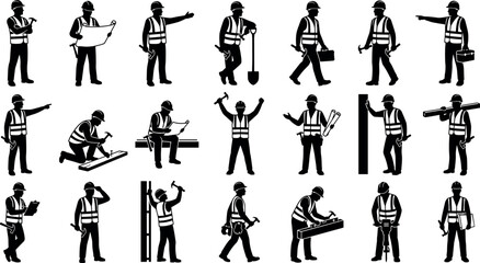 Obraz premium Construction worker silhouette vector collection with builders reading blueprints and using hand tools for industrial safety infographic design