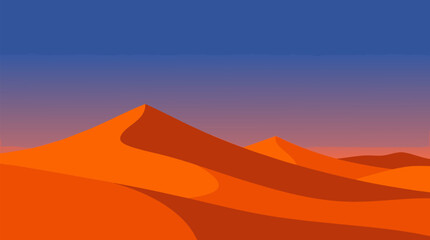 Fototapeta premium A clean flat vector illustration of sweeping desert dunes glowing orange under a clear evening sky, perfect for travel guides, nature posters, and arid landscape themed design projects.