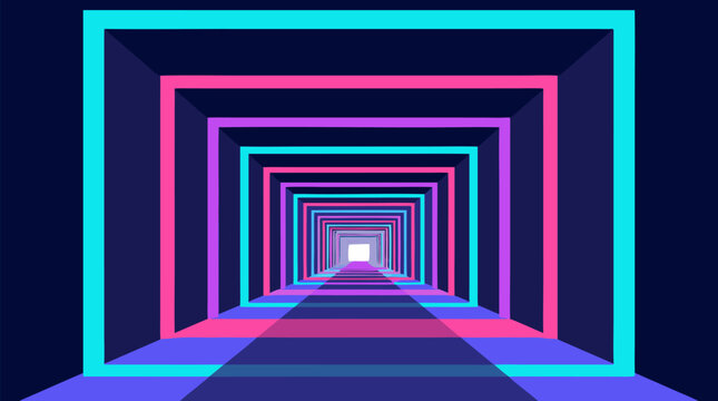 Clean flat vector illustration shows a neon geometric tunnel with a bright light at the end, ideal for futuristic technology banners, gaming events or music promos.