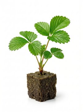 Strawberry seedling with green leaves and visible root ball on white background.