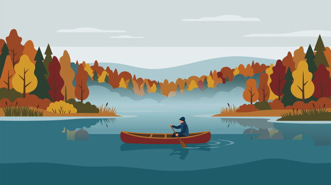 A clean flat vector illustration on a light background shows a lone paddler in a canoe on an autumn lake surrounded by colorful forest, suited to outdoor travel promotions.