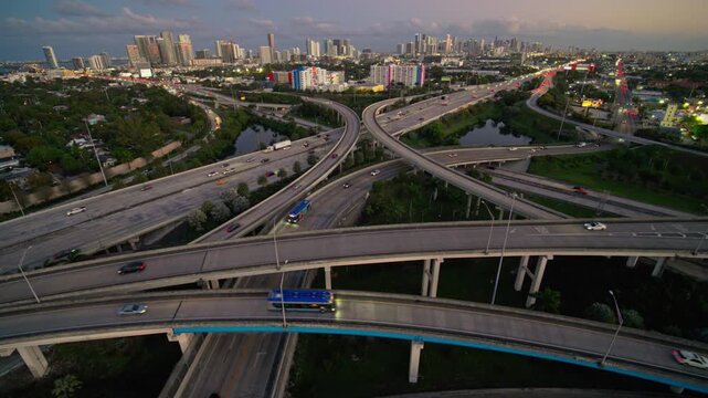 Trending Interstate 95 Highway Transportation Junction Miami Downtown Sunset Landscape in 4K Ultra HD footage.

