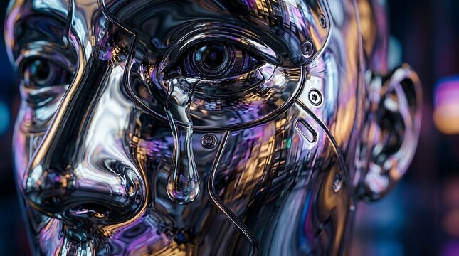Closeup of a shiny metallic robot head with a tear on its cheek