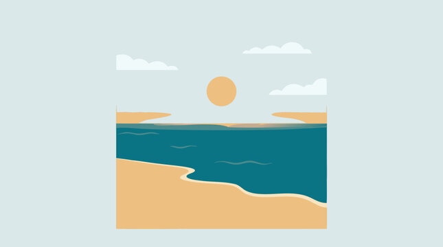 Clean flat vector illustration on a light background presents a square seaside sunset with sandy beach, calm waves, sun, and clouds for travel posters or summer branding.
