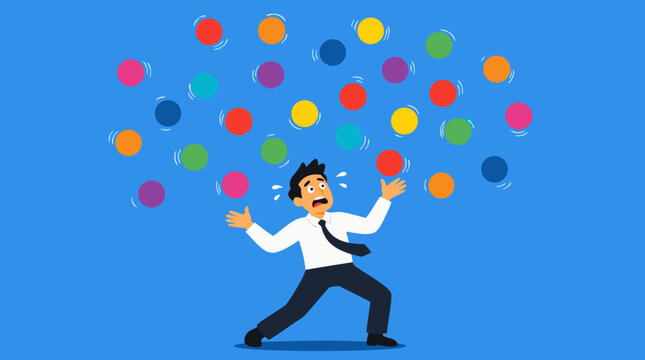 A frantic man juggling far too many spinning colorful balls high in the air at once, a clean flat vector illustration ideal for multitasking and overload concepts in business and lifestyle presentatio