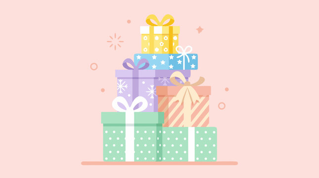 Clean flat vector illustration on a light background showing a pastel stack of wrapped gift boxes with ribbons, ideal for birthday, holiday, sale, or greeting card designs.