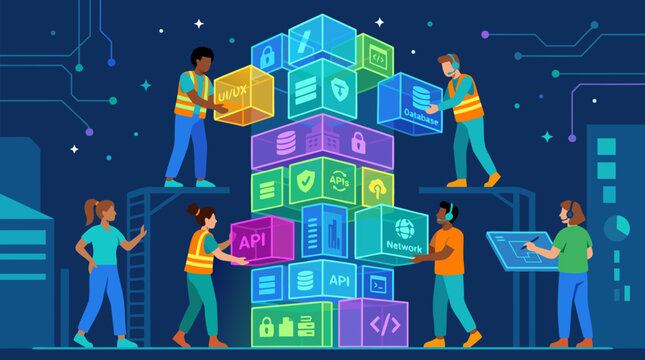 Clean flat vector illustration on a dark tech background showing developers assembling glowing API, database, network, and security blocks, useful for cloud software services.