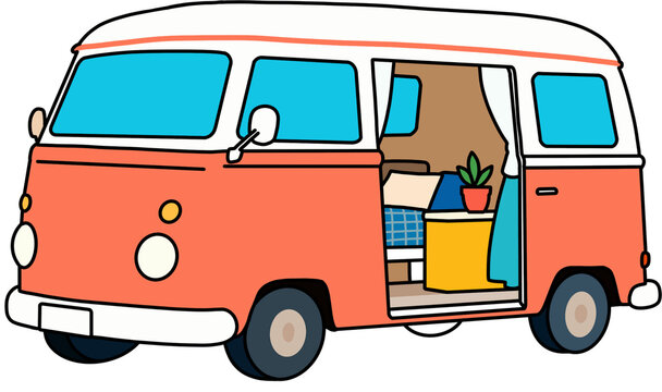 Retro orange camper van with open door and cozy interior vector illustration.