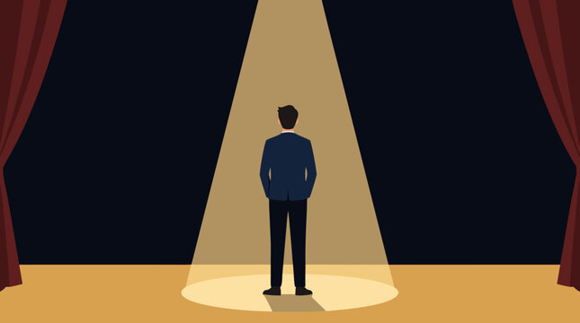 A man stands frozen in a spotlight on a stage facing a completely empty and silent dark audience in this clean flat vector illustration on a light background, ideal for fear and anxiety concepts