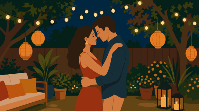 Flat vector illustration of a couple slow dancing in a backyard lit by warm string lights and glowing lanterns, perfect for romantic event and lifestyle design themes